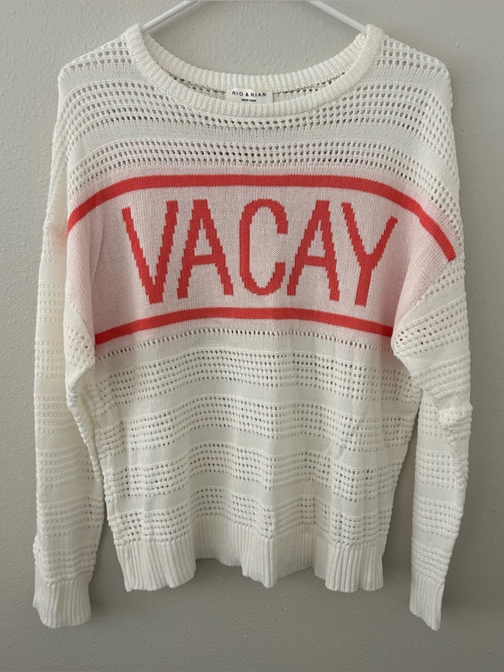 Rio & Rian Vacay Open Knit Sweater Womens L White Vacation Top Beach Resort NWT